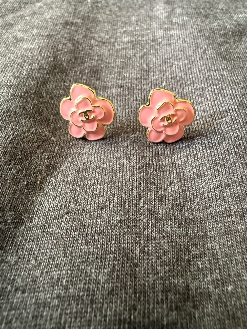 Pink Enamel Camellia Flower Stud Earrings with Gold Accents